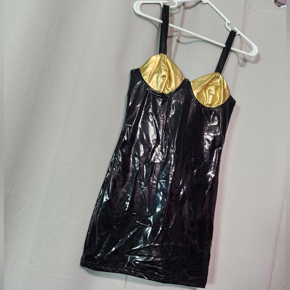 Black & Gold PVC Vinyl Mini Dress - XS - Picture 2 of 3